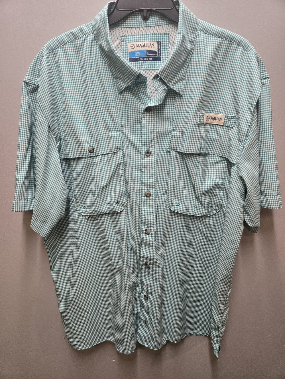 Share Magellan Fish Gear Mens Large Short Sleeve Button Down Shirt Green White C